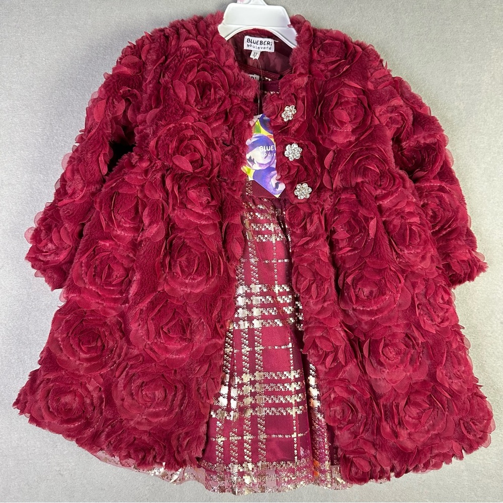 Blueberi Boulevard Red Rose Textured Kids Coat